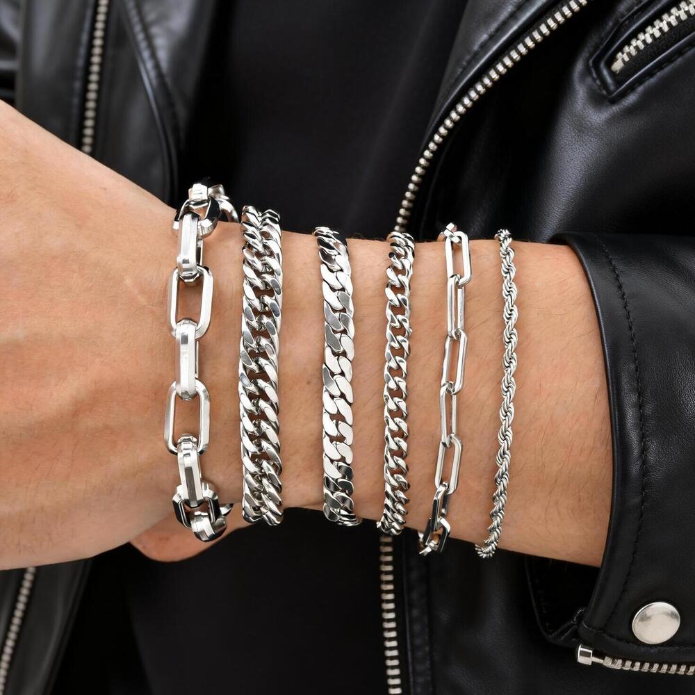 Ceramic Link Bracelet - สร้อยข้อมือผู้ชายสีเงินสไตล์พังก์, สร้อยข้อมือสแตนเลสสตีลถักแบบฮิปฮอป, เครื่องประดับโลหะคลาสสิก ของขวัญสำหรับเขา พ่อ