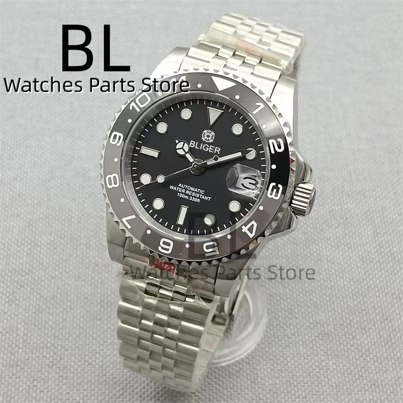 Ceramic Link Bracelet - BLIGER 40 มม.นาฬิกาผู้ชาย NH35 อัตโนมัติสีดําสีเทาเซรามิค BEZEL