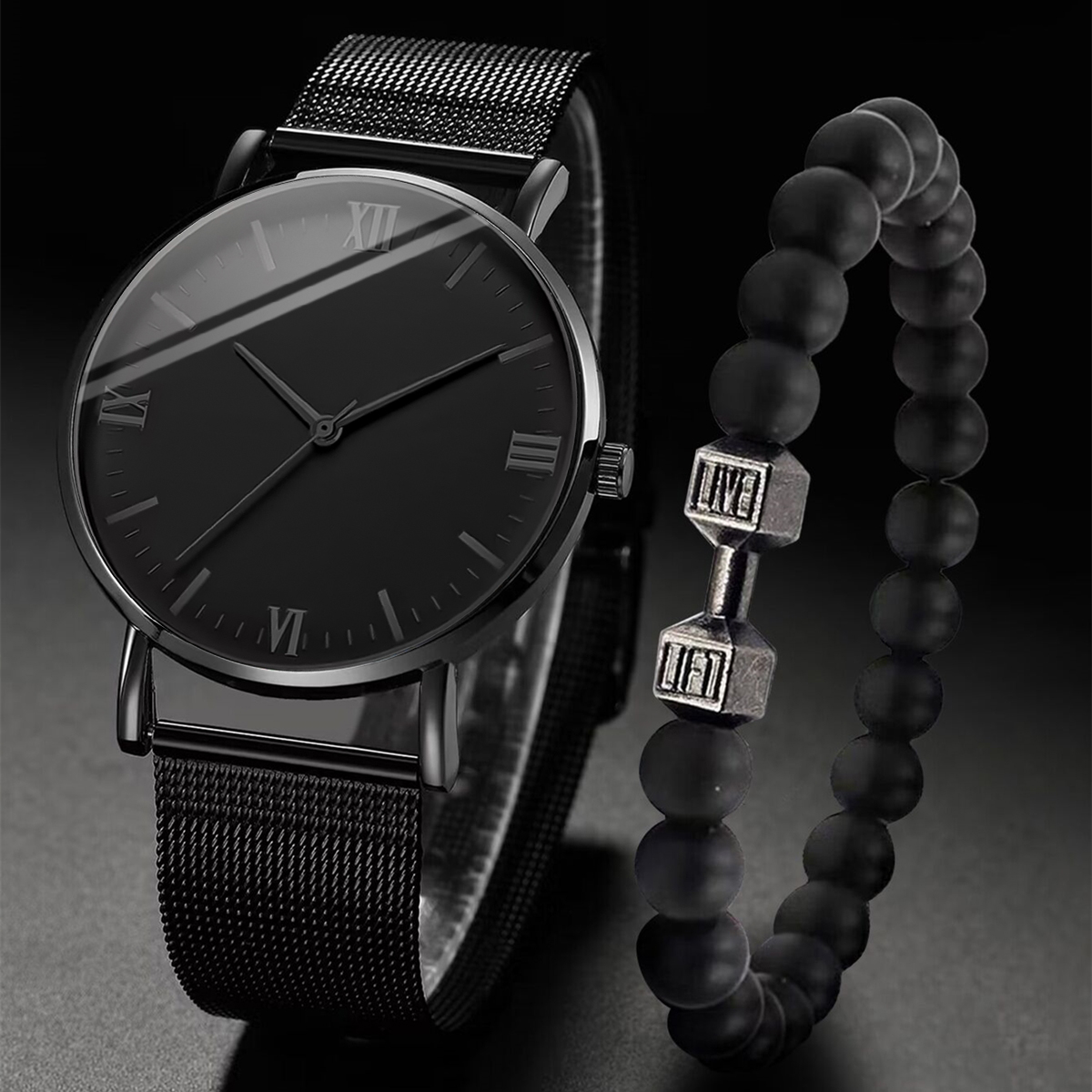 Stainless Mesh Band - 2 ชิ้นนาฬิกาผู้ชายแฟชั่น Roma ควอตซ์นาฬิกาเหล็กตาข่ายนาฬิกาข้อมือสร้อยข้อมือชุด
