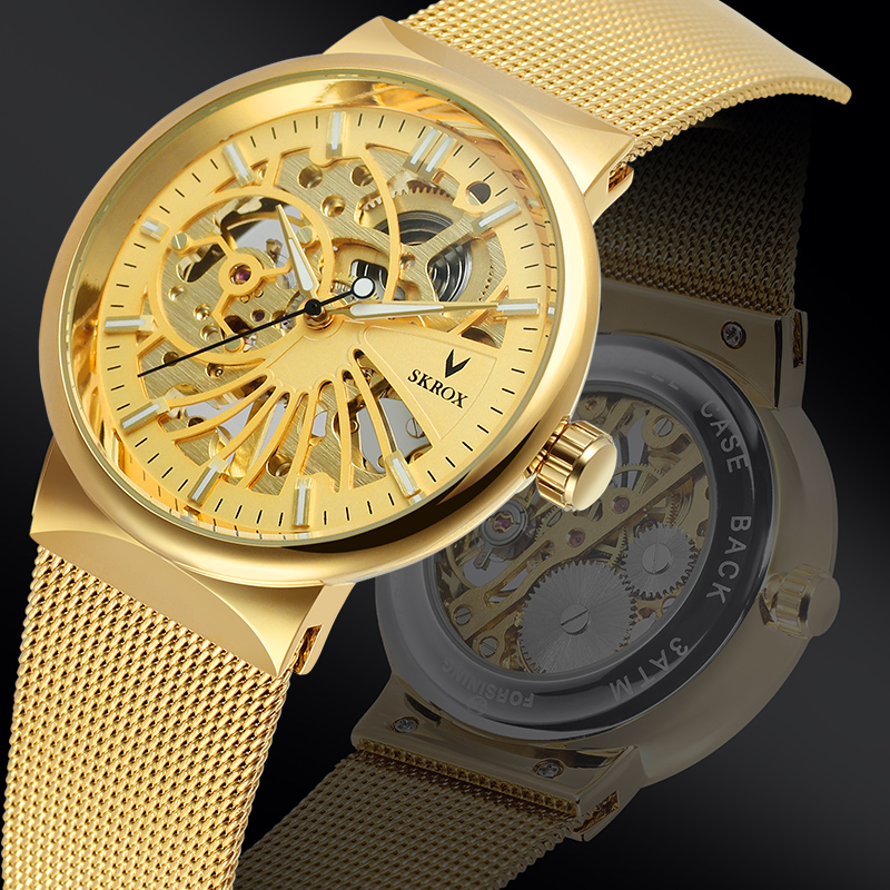 Stainless Mesh Band - SKROX แบรนด์หรูแฟชั่นนาฬิกาข้อมือผู้ชายโครงเหล็กนาฬิกากลไกบางเฉียบสายตาข่ายกันน้ำการเคลื่อนไหวแบบแมนนวล