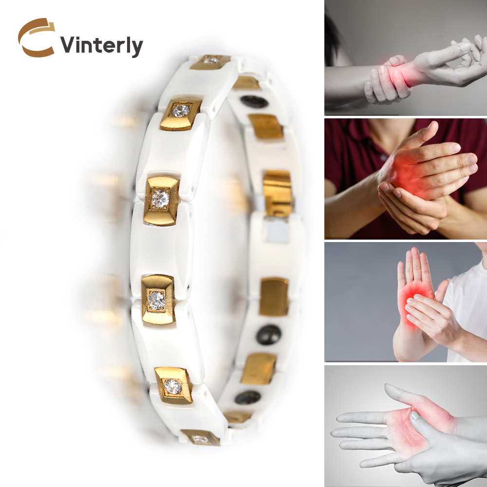 Ceramic Link Bracelet - สร้อยข้อมือ vinterly สำหรับผู้หญิงสายโซ่ทอง-สี AAA คริสตัลหินพลังงานสุขภาพของผู้หญิงฮีมาไทต์เครื่องประดับเซรามิกสีขาว10มม.