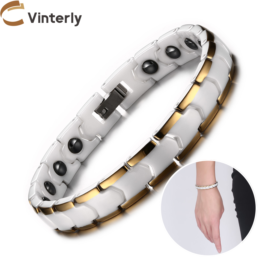 Ceramic Link Bracelet - สร้อยข้อมือ vinterly สำหรับผู้หญิงกันรอยขีดข่วน9มม. โซ่สีทองสีขาวเซรามิคพลังงานฮีมาไทต์แม่เหล็กเครื่องประดับผู้หญิง