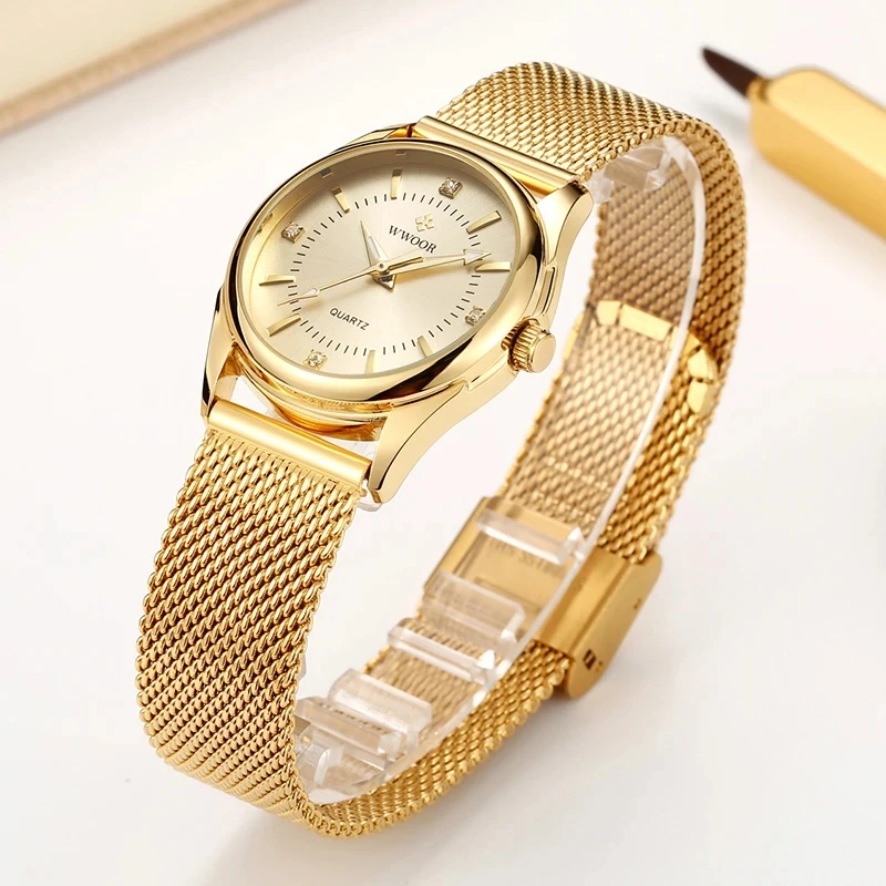 Stainless Mesh Band - WWOOR แบรนด์หรูชุดทองนาฬิกาสุภาพสตรีเพชรนาฬิกาข้อมือควอตซ์ขนาดเล็กสําหรับผู้หญิงตาข่ายเหล็กนาฬิกา zegarek damski